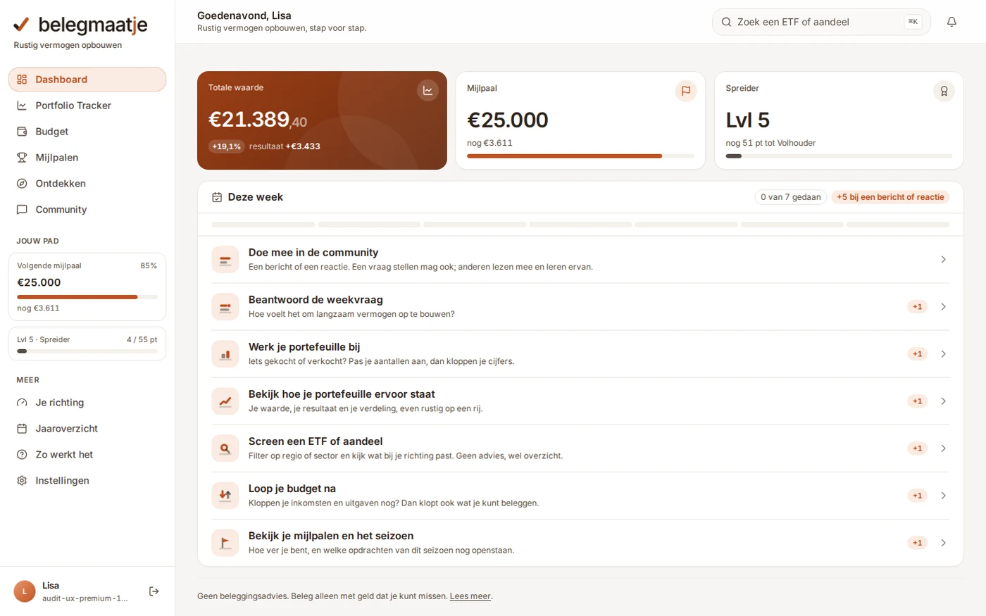 Dashboard van Belegmaatje, een web-app van BlockBrewer