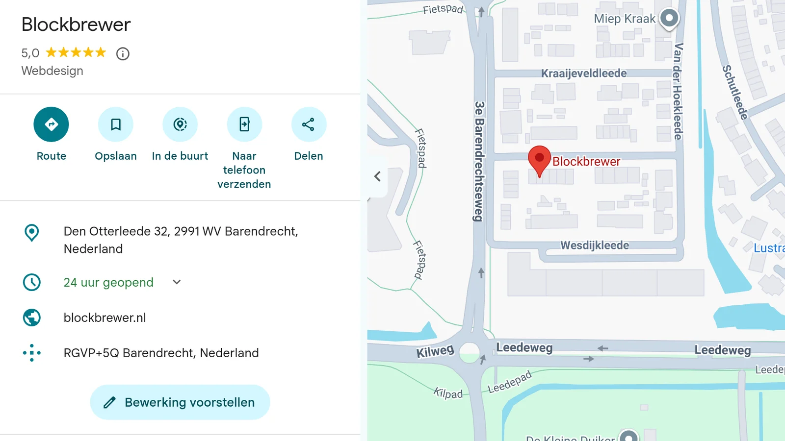 Mijn eigen Google Bedrijfsprofiel in Google Maps: BlockBrewer in Barendrecht, met adres, website en reviews